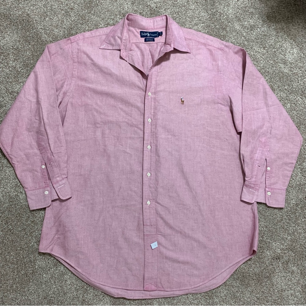 Vintage Ralph Lauren Mens Pink Red Button Down Shirt Yarmouth Flesh Pony 16.5-33